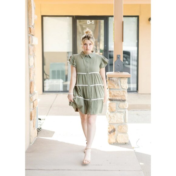 NWT She & Sky Womens Linen Blend Ruffle Sleeve Dress Olive Green Size Medium - Picture 9 of 10